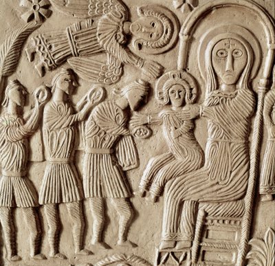 Middelalderens arkæologi (middelalderen). Barbarisk kunst i Lombardiet: tilbedelse af magi, lavrelief af hertug Rachis alter. Skulptur, Lombard kunst, 737-744. Cividale del Friuli, Chretien Museum, katedralens skat af Lombard School