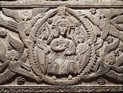 Lombard kunst: Kristus i herlighed, lavt relief fra hertug Rachis alter (Ratchis eller Ratgis) - Skulptur, Lombard kunst, 737-744 (Relief af Ratchis alter, der repræsenterer Kristus i herlighed) Cividale del Friuli, Chretien Museum, skatmester for katedral af Lombard School