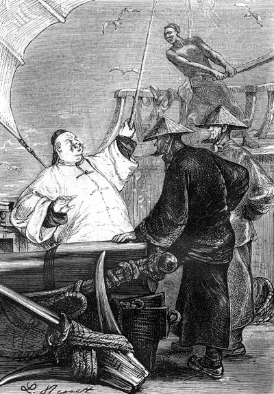 Tegning af Leon Benett, fra Jules Vernes bog "The Tribulations of a Chinese in China" - Hetzel edition/Extraordinary Voyages 1879. af Léon Benett
