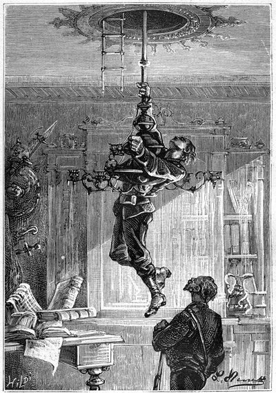 Tegning af Leon Benett, fra Jules Vernes bog "The 500 million of the Begum" - edition Hetzel/Extraordinary Voyages 1879. "... Han var ikke blevet hængt op i kandelaberen, før han til sin store overraskelse så ham falde under sin hånd. Loftet af Léon Benett