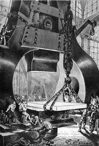 tegning af Leon Benett, fra Jules Vernes bog "The 500 million of the Begum" - udgave Hetzel/Extraordinary Voyages 1879. hammertrommeslager (trommeslager) på arbejde i et stålstøberi. af Léon Benett