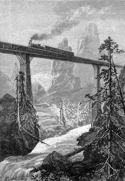 Tegning af Leon Benett, fra Jules Vernes bog "The 500 million of the Begum" - udgave Hetzel/Extraordinary Voyages 1879. Damptog passerer over en fed bro i et bjerglandskab med vandløb. af Léon Benett