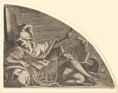 Mars sidder på trofæer af Léon Davent after Francesco Primaticcio