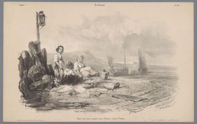 Tre børn leger i en bugt Skildringer af livet på landet (serietitel) La kampagnen. Etudes varieés aux deux Crayons (serietitel på objekt) af Léon Jean Baptiste Sabatier