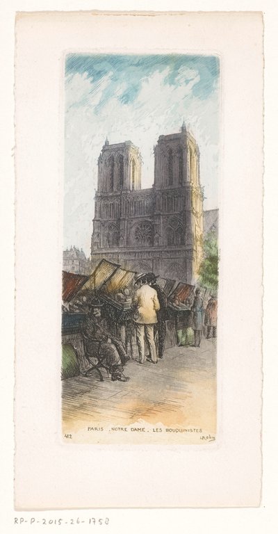 Udsigt over Notre-Dame i Paris med boghandlere i forgrunden Paris Notre Dame les bouquinistes (titel på objektet) af Léopold Robin