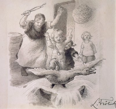 Grimme ælling, illustration af Lorenz Frolich (1820-1908) til eventyr af HC Andersen (1805-1875). af Lorens Frolich