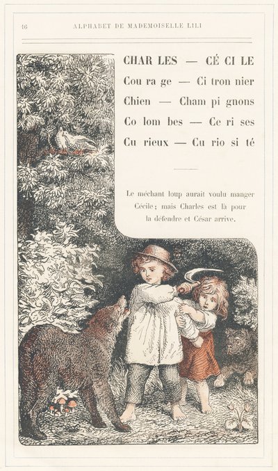 Charles, Cecile, Courage, Lemon tree, Dog, Mushrooms, Doves, Cherries, Curious, Curiosite, side 16 - Alphabet af Mademoiselle Lili, af L. Froelich og af en far (Hetzel selv). Bibliotheque  Magasin d