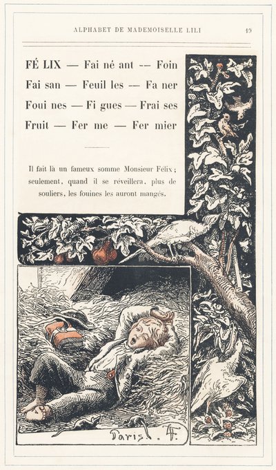 Felix, Lay, Hay, Pheasant, Leaves, Faner, Weasels, Figs, Strawberries, Fruit, Farm, Farmer, side 19 - Alfabet af Mademoiselle Lili, af L. Froelich og af en far (Hetzel selv). Bibliotheque  Magasin d