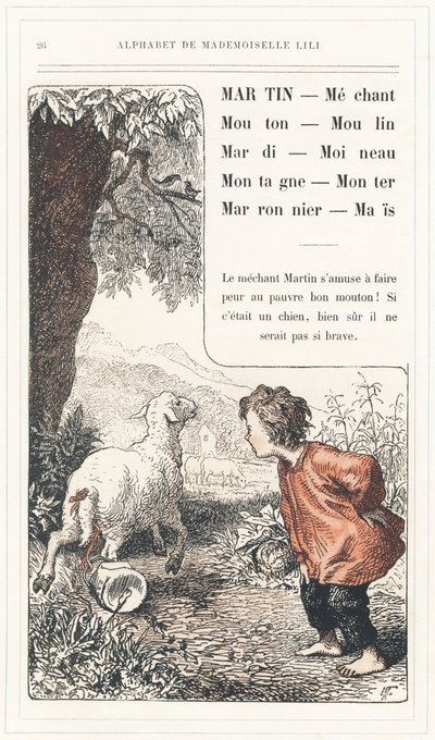 Martin, Mechant, Mouton, Mill, Tuesday, Sparrow, Mountain, Rise, Chestnut, Mais, side 26 - Alfabet af Mademoiselle Lili, af L. Froelich og af en far (Hetzel selv). Bibliotheque  Magasin d
