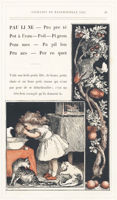 Pauline, Clean, Water Pot, Hair, Pigeon, Apples, Butterfly, Plums, Parrot, side 29 - Alfabet af Mademoiselle Lili, af L. Froelich og af en far (Hetzel selv). Bibliotheque  Magasin d