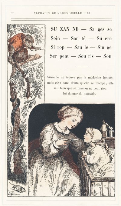 Suzanne, Wisdom, Care, Health, Sugar, Syrup, Willow, Monkey, Snake, Mouse, Sound, side 32 - Alfabet af Mademoiselle Lili, af L. Froelich og af en far (Hetzel selv). Bibliotheque  Magasin d