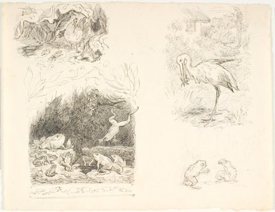 Fire udkast til illustrationer til Skrubtudsen, H.C. Andersens Nye Eventyr og Historier af Lorenz Frølich