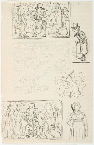 Syv udkast, bl.a. til H.C. Andersens Hurtigløberne, Sneglen og Rosenhækken og Anne Lisbeth af Lorenz Frølich