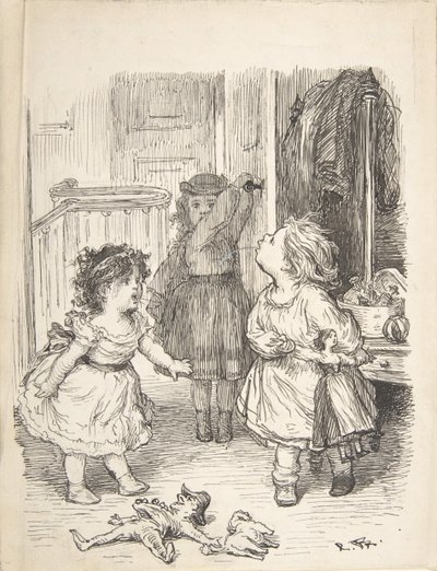 Tre små piger i et rum skændes og spytter, 1835-1903. af Lorenz Frølich
