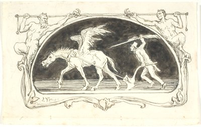 Vignet med en udslidt Pegasus for en plov, der drives frem af en mand med høj hat, bevæbnet med en stor pen af Lorenz Frølich