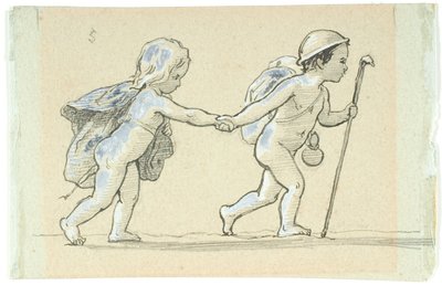 Vignet med gående dreng og pige, der holder hinanden i hånden af Lorenz Frølich