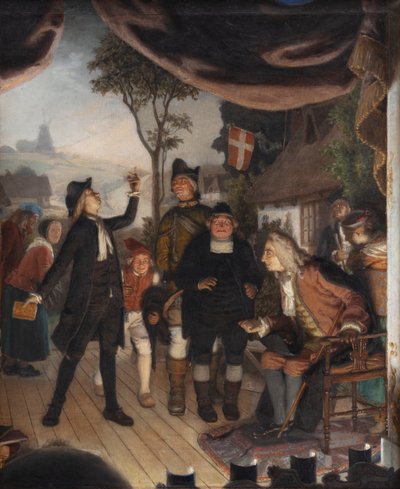 Ludvig Holberg overværer et genhør af hans skuespil Erasmus Montanus, akt IV, scene 2 af Lorenz Frølich