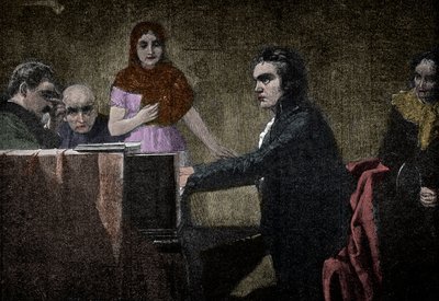 Ludwig van Beethoven spiller Moonlight-sonaten - gravering efter Lorenz Vogel - Ludwig van Beethoven (1770-1827), tysk musiker, spiller sonaten i UT-mol (Moonlight - Moonlight) efter maleriet af Lorenz Vogel (1846-1902) af Lorenz Vogel