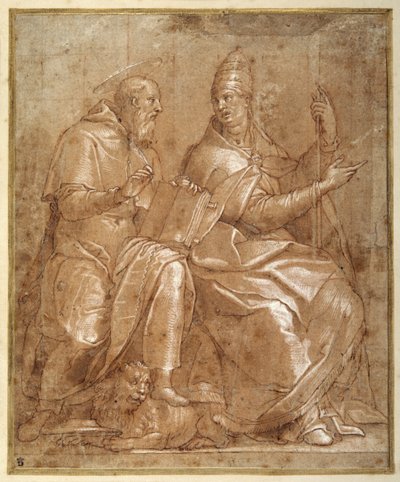Sankt Hieronymus taler med Sankt Gregor den Store (pen og brunt blæk med rødbrun vask og forhøjning) af Lorenzo (c.1530 76) Sabatini