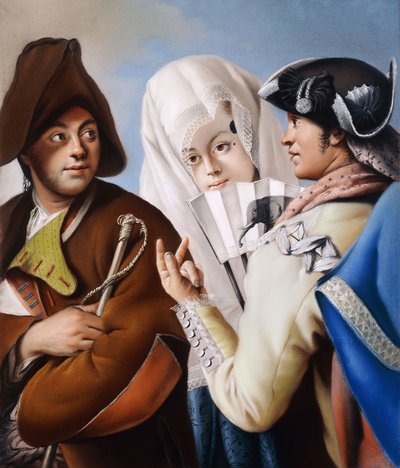 En gentleman i en frygisk motorhjelm bliver tiltalt af en gentleman i en gul frakke og sort tricorn hat med en dame i en blå brokadekjole og hvid mantilla, af Lorenzo Baldissera Tiepolo