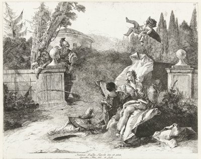 Rinaldo og Armida bliver udspioneret af Ubaldo og Carlo af Lorenzo Baldissera Tiepolo
