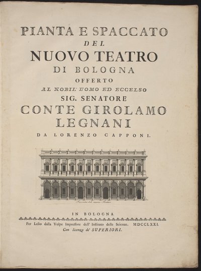 Plan og tværsnit af det nye teater i Bologna af Lorenzo Capponi, after Antonio Galli Bibiena