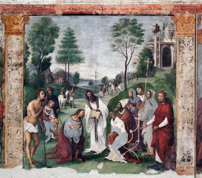Life of St. Cecile: Urban I inviterer Baldrian til at konvertere (fresco af Lorenzo Costa