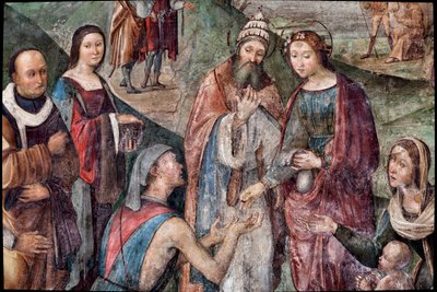 Saint Cecilia giver sine ejendele til de fattige, detaljer (fresco af Lorenzo Costa