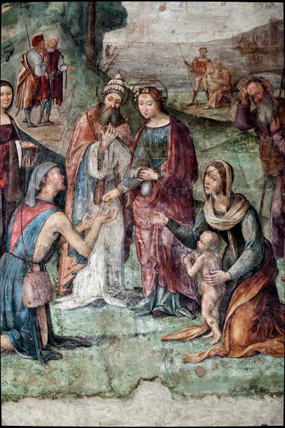 Saint Cecilia giver sine ejendele til de fattige, detaljer (fresco af Lorenzo Costa