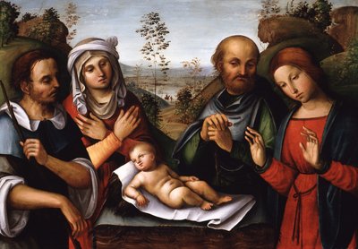 Tilbedelsen af Jesusbarnet (olie på træ) af Lorenzo Costa