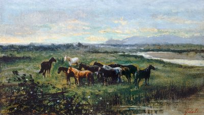 Wild Horses, noin 1870, kirjoittanut Lorenzo Gelati (1824-1893), öljy kankaalle siirretty paneeliin, 21x37 cm af Lorenzo Gelati