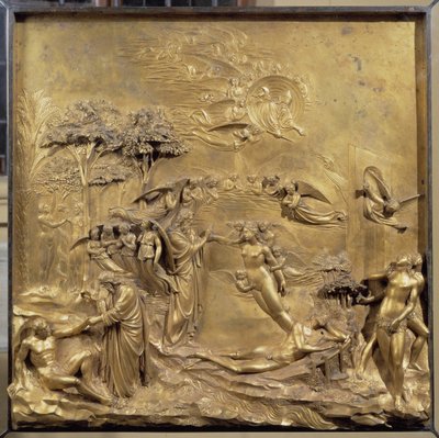 Historien om Adams liv: Adams fødsel, skabelsen af Eva og Adam og Eva jager fra Paradiset. Originalt panel af døren til Paradiset af Lorenzo Ghiberti