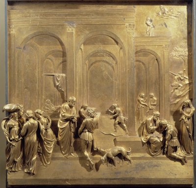 Jakobs og Esaus liv: Esau sælger sin førstefødselsret og Isak velsigner Jakob. Originalt panel af døren til Paradiset af Lorenzo Ghiberti