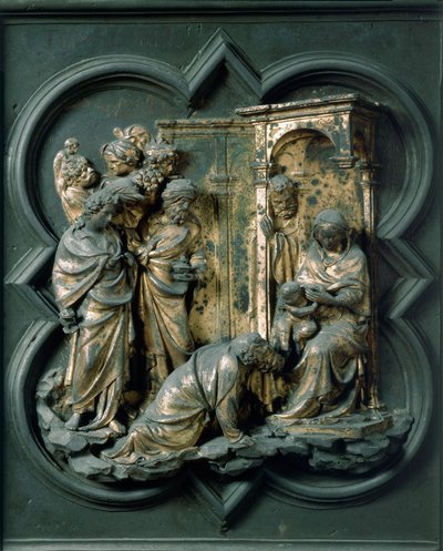 North Porte (kaldet Gate of the Cross, mod nord), udvendig detalje: Adoration of the Magi. Bronzeskulptur lavet af Lorenzo Ghiberti (1378-1455) af Lorenzo Ghiberti