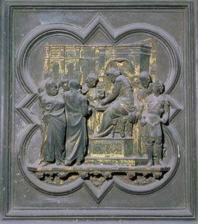 Pontius Pilatus vasker sine hænder foran Kristus, sekstende panel i norddørene i San Giovanni-døbefonten, 1403-24 (bronze) af Lorenzo Ghiberti