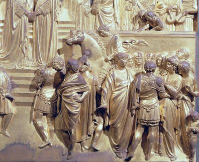 Mødet mellem kong Salomon og dronningen af Saba, detalje af ledsagerne, fra det originale panel fra dåbskapellets østdøre, restaurering af forgyldt bronzestolpe 1425-52 af Lorenzo Ghiberti