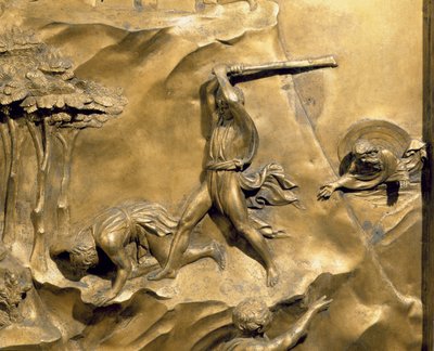 Historien om Kain og Abel, detalje fra drabet på Abel, originalt panel fra dåbskapellets østdøre, restaurering af forgyldt bronzestolpe 1425-52 af Lorenzo Ghiberti