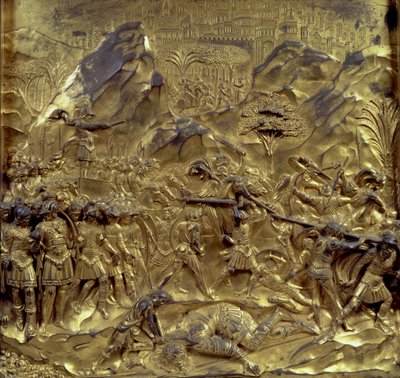 Historien om David og Goliat, et af ti reliefpaneler fra Paradisets porte (østlige døre), 1425-52 (forgyldt bronze) (se også 87652-59 og 87661-67) af Lorenzo Ghiberti