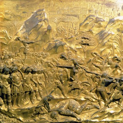 Historien om David og Goliat, originalt panel fra dåbskapellets østdøre, 1425-52 (forgyldt bronze) (efter restaurering) af Lorenzo Ghiberti