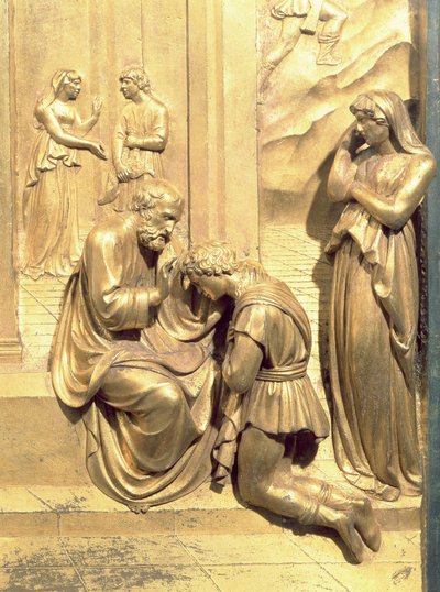 Historien om Jakob og Esau, detalje af Isaac Blessing Jacob, fra det originale panel fra dåbskapellets østdøre, restaurering af forgyldt bronzestolpe 1425-52 af Lorenzo Ghiberti
