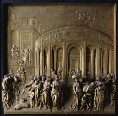 Historien om Joseph: Joseph solgt til slaveri, The Finding of the Silver Cup og Joseph genkendt af sine brødre, et af ti reliefpaneler fra Gates of Paradise af Lorenzo Ghiberti