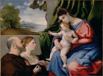 Madonna og barn med to donorer af Lorenzo Lotto