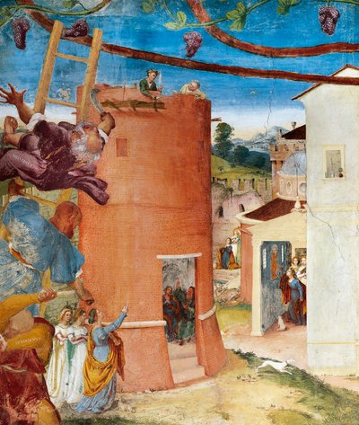 St Barbara i tårnet, detalje fra Christ-Vine and Legend of Saint Barbara af Lorenzo Lotto (ca. 1480 - 1556), fresco, detalje, Villa Suardi, Capella Suardi, Trescore Balneario af Lorenzo Lotto
