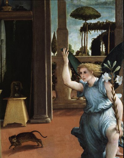 Bebudelsen, detalje af englen af Lorenzo Lotto