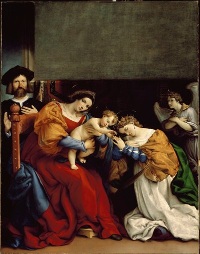 St. Catherines mystiske bryllup Det mystiske bryllup mellem Skt. Catherine af Alexandria” Til venstre Niccolo Bonghi, malerens udlejer. Maleri af Lorenzo Lotto (ca. 1480-1556) 1523 Dim. 189 x 134 cm Bergamo, Accademia Carrara af Lorenzo Lotto