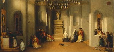 Sankt Lucias kaldelse, første panel af predella af altertavle af Sankt Lucia eller Sankt Lucia før dommer af Lorenzo Lotto (1480 ca- 1556), olie på panel, 32x69 cm af Lorenzo Lotto