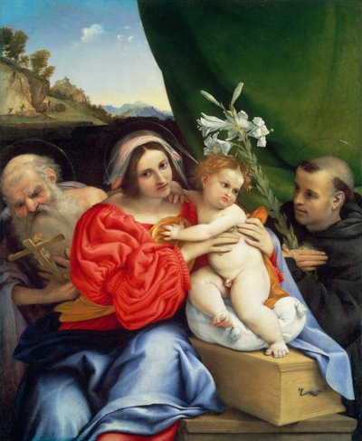 Jomfruen og barnet med de hellige Hieronymus og Nikolaus af Tolentino af Lorenzo Lotto