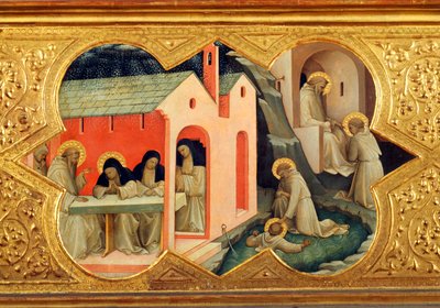 Pyhän Bernardinon ja Pyhän Benedictuksen historia, yksityiskohta Neitsyen kruunaamisen predellasta af Lorenzo Monaco