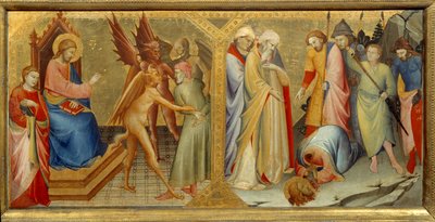 Mødet mellem Saint James the Major og Hermogene hans martyr. Hermogene er en gammel græsk planlægger og arkitekt (slutningen af det 3. århundrede-begyndelsen af det 2. århundrede f.Kr.). Predelle af altertavlen i Nobili-kapellet i Santa Maria degli Angeli- af Lorenzo Monaco