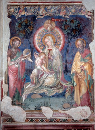 Jomfru med barn omgivet af apostlen Jakob og Johannes Døber (Fresco af Lorenzo Salimbeni
